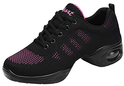 Jazzskor för kvinnor snörning dansskor andningsbara nät luftkudde dam delad sula plattform dans sneakers, Svart rosa, 38 EU