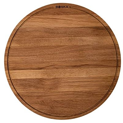 BOSKA Pizzabrett Friends XXL/Pizza Teller/Eichenholz / ⌀47cm / Pizza Blech Rund mit Praktischer Auffangrinne/Auch zum Frühstück, Mittag- & Abendessen