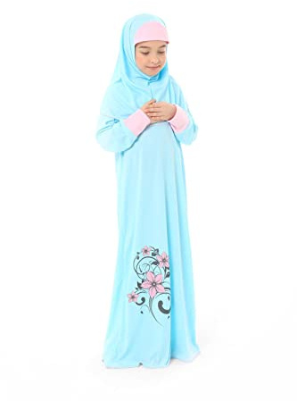 Elanesa Mädchen Gebetskleidung Kinder Islamische Kleidung Kleid Mädchen Zweiteilige Kleider Maxi Gebetskleid mit Ärmelbündchen, Hijab und Rosenkranz Geschenk Blumen gedruckt