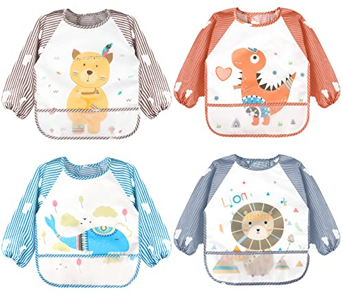Accmor 4 Pack Long Sleeve Baby Bibs, Waterproof Sleeved Bibs Smock for Toddler Baby Girls Boys Eating Feeding