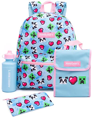 Minecraft Ensemble sac à dos et boîte à déjeuner pour filles | Sac à dos d'école, sac à déjeuner, trousse à crayons, bouteille d'eau, taille unique, bleu, Ensemble cartable