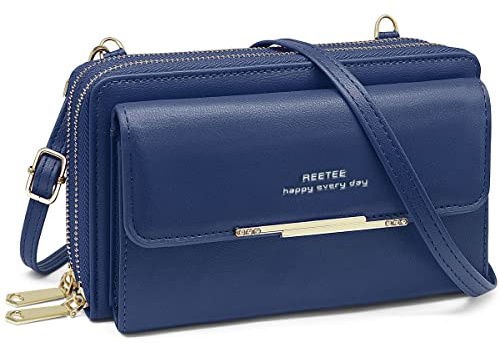 Handytasche Zum Umhängen Damen Handy Umhängetasche RFID Schutz Damen Geldbörse PU Leder Handy Geldbeutel mit 24 Kartenfächer Handy Schultertasche Reißverschluss Crossbody kleine Tasche(Marineblau)