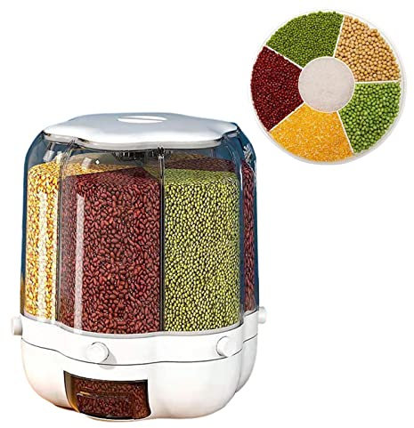 Airber Cereal Containers Rice Dispenser 360° Rotating Transparent 6 Grid Rotating Food Dispenser Rice Storage Container Rice Bucket Rice Storage Tank Sealed Grain Container Dry Food Fruit Storage Box