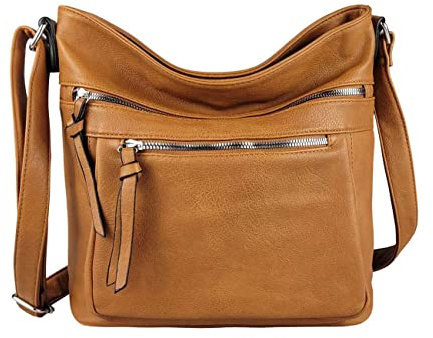 OBC Damen Tasche Schultertasche Shopper Umhängetasche Crossover Crossbody Henkeltasche Beuteltasche Handtasche Hobo Bag Reise Kunst-Leder Cognac