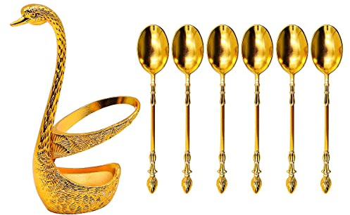 VOANZO Lot de 6 Petites Cuillères à Café avec Repose-Cuillère en Forme de Cygne Doré pour Cuillères à Café, Cuillères à Thé, Cuillères à Dessert