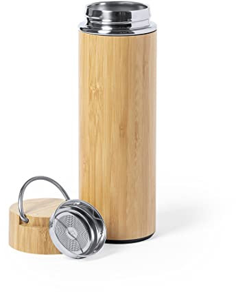 Termo para café o té con filtro infusor integrado y doble pared para una mayor conservación del frio y la calor. Botella térmica de bambú y acero inoxidable 400 ml de capacidad. Sin BPA