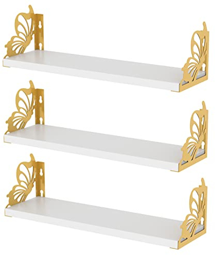 Hoikwo Wandregale mit Schmetterlingen, Weißgold, 3 Stück | Schwebende Bücherregale für Mutter, Mutter, Frauen, Mädchen, für adrette Raumdekoration, Wohnzimmer, Schlafzimmer, ästhetisch