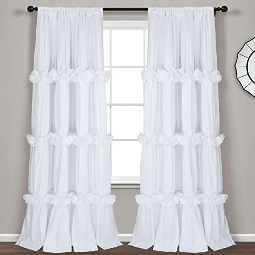 Homechoice Decor Thermal Insulated Blackout Window Curtains, 54 W x 84 L x 2 Panels, Boho Ruched Window Treatments with 3 Rows of Butterfly Flowers, Rustic Rod Pocket Drapes for Room, White (LQ-30)