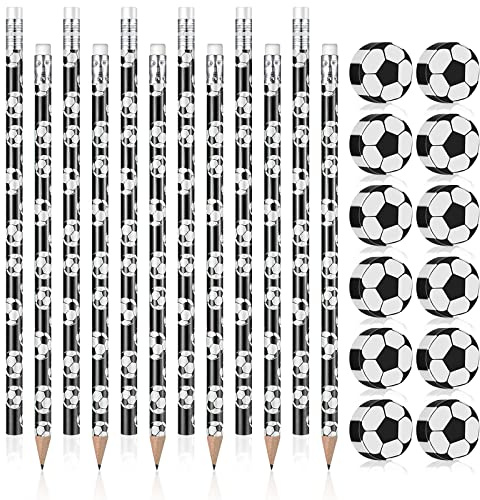 Meanju Bleistiftanzug 12 Stück Fußball Bleistifte,12 Stück Kunststoff Fußball Radiergummi,Thema Radierstift,Kleine Lustige Radierer,Holzbleistifte,Radiergummi für Schule Schreibwaren