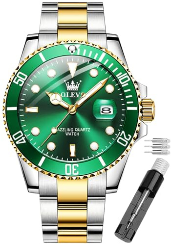 OLEVS Armbanduhr für Herren, wasserdicht, blaues Zifferblatt, luxuriös, zweifarbig, Edelstahl-Armbanduhr mit Tagesdatum, modisch, klassisch, Silberfarben/goldfarben/grünes Zifferblatt, Armband