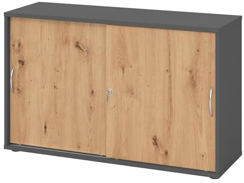 bümö Schiebetürenschrank 2OH - Aktenschrank abschließbar, Sideboard Schrank mit Schiebetüren in Graphit/Asteiche, Bogengriff - Büroschrank aus Holz mit Schiebetür, Büro Kommode für Ordner & Co.