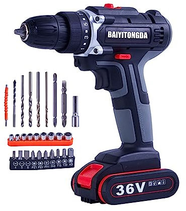 Perceuse Sans Fil, Perceuse-Visseuse Électrique 36 V avec Batterie et Chargeur, 2 Vitesses, 25+1 Positions et 27 Accessoires, pour Bois, Plastique et Métal