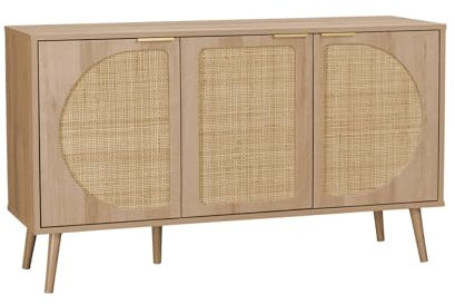 sweeek - Skandinavisches Sideboard mit Holzdekor und abgerundetem Rohrgeflecht - Eva - L120 x B39 x H70cm