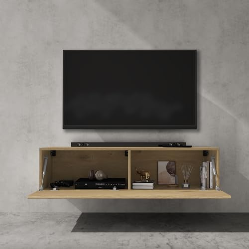 doporro TV Lowboard Schrank mit Gasdruckfedern Fernsehschrank hängend | TV Board mit Klapptür, viel Stauraum, Wand Fernsehtisch in Kerneiche, Breite: 120 cm, Fernsehschrank02