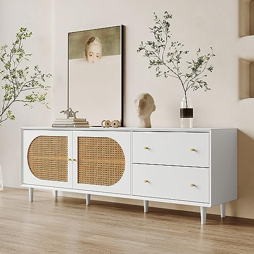 kubeier TV-Schrank, Retro TV Lowboard aus Holz, Fernsehschrank mit 2 Türen und 2 Schubladen, Fernsehtisch für Wohnzimmer Büro, stilvollem Rattandesign, 180 * 40 * 65cm