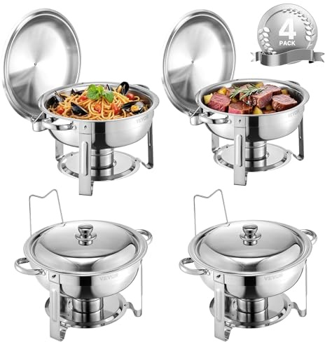 VEVOR Chafing Dish Buffet Set, 5 Qt 4 Pack, Stainless Steel Chafer with Full Size Pan, Round Catering Warmer Server with Lid Water Pan Stand Fuel Holder Cover Holder Spoon, for at Least 6 People Each