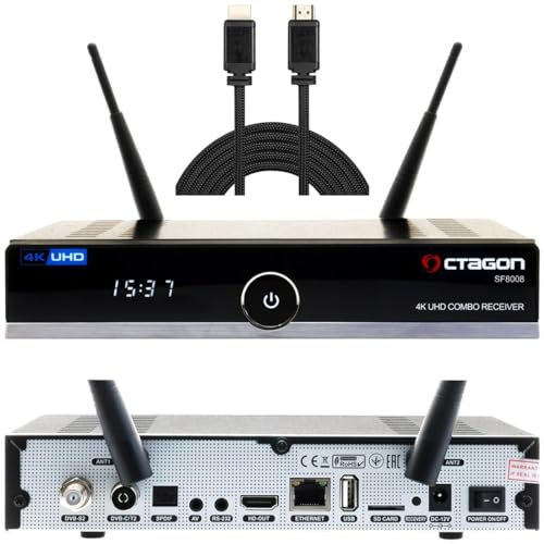 OCTAGON SF8008 UHD 4K Combo Receiver + NONIC HDMI Kabel, Sat- Kabel- & DVB-T2 Receiver, E2 Linux & Define OS, DVB-S2X & T2C, mit PVR Aufnahmefunktion, Gigabit LAN, Kartenleser, Sat to IP, WiFi