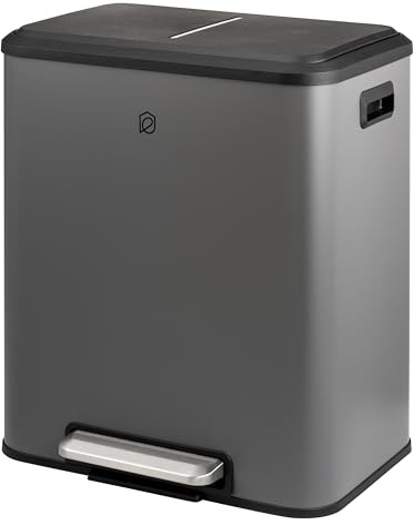 eluno Abfalleimer, Treteimer - 2 Fächern mit je 15 Liter Fassungsvermögen, herausnehmbare Inneneimer aus Kunststoff, seitliche Griffe, großes Fußpedal, Mülltrennsystem, Soft-Close Deckel (Grau)