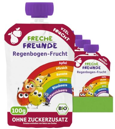 FRECHE FREUNDE Bio Quetschies Regenbogen-Apf,Beeren,Pfirs,Birn,Ban (6x100g)
