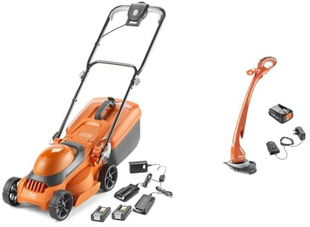 Flymo SimpliStore 300 Li Cordless Lawn Mower - 40V, 30cm Cutting Width, Close Edge & EasiTrim 250 2-in-1 Cordless Grass Trimmer KIT - 18V 2.0 POWER FOR ALL Battery and Charger included, 25cm Cutting