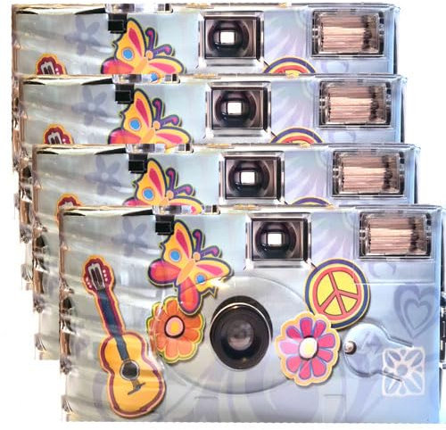PHOTO PORST Lot de 4 appareils photo jetables 1 A édition Flower Power, fleurs et papillon, avec flash, piles et film (lot de 4, 27 prises chacune)