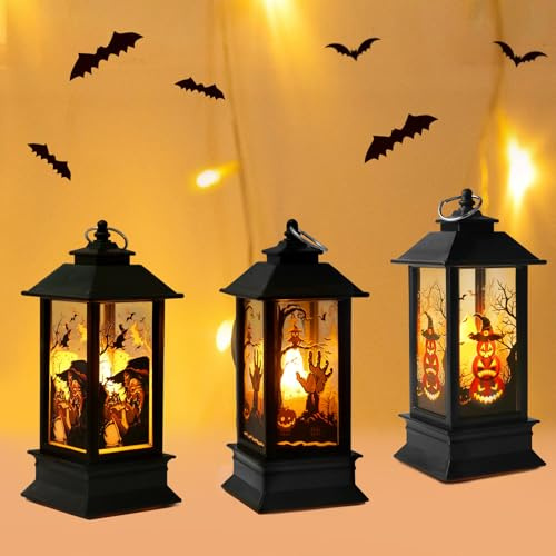 Yomaido 3 Pcs Halloween Kerzen Laternen,Halloween Deko Outdoor LED Laternenlichter,Geist Hexe Kürbis Kerzenlaterne,Hängende Laternen Für Indoor Outdoor Gärten Bar Party