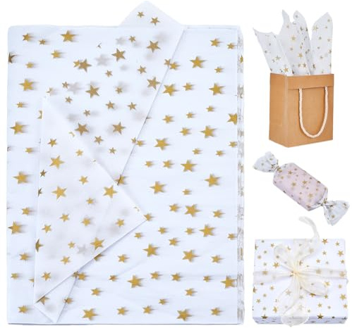 GORGECRAFT 100 unidades de papel de seda de 50 x 35 cm con estampado de estrellas doradas blanco con estrellas doradas papel de regalo metálico con estrellas doradas reciclables DIY papel artesanal