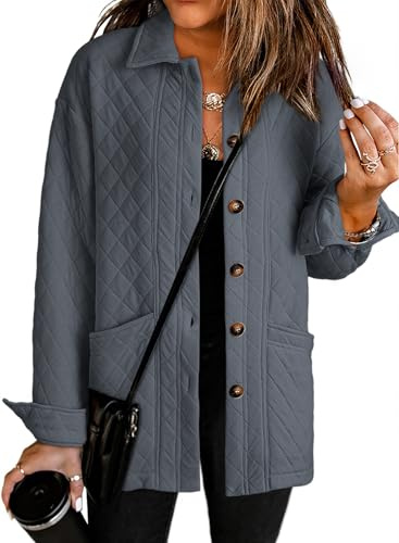 Dokotoo Women's Coats Casual Quilted Jacket Collared Long Sleeve Button Down Shirts Spring Jackets for Women Oversized Jacket Outwear Light Weight Dark Grey Jackets for Women M