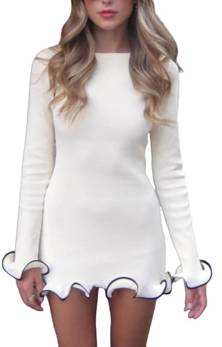 LSFYSZD Women Long Sleeve Knit Sweater Mini Dress Ruffle Hem Bodycon Jumper Dress Fall Winter Casual Ribbed Slim Fit Party Dress (White, S)