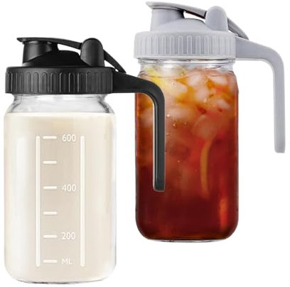 Hniuyun Confezione da 2 brocche per latte, 907 g, ermetiche, in vetro, a bocca larga, con coperchio per versare latte materno, tè freddo, caffè freddo, succhi (nero e grigio)