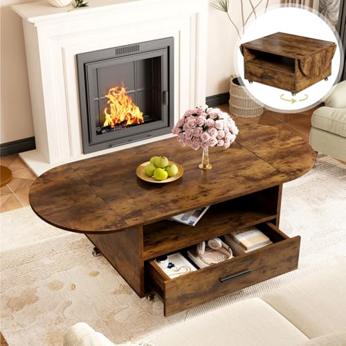 IBF Foldable Coffee Table with Drawer Storage, 47 Wood Oval Living Room Tables, Modern Extendable Center Table for Bedroom, Multifunctional Rolling Tea Table with 4 Wheels for Home, Rustic Brown