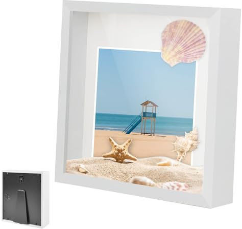 Cornice Portafoto 3D, Cornice Profonda da Riempire 25 x 25 cm, con Lastra Acrilica Trasparente, Cornice per Oggetti 3D Più Profonda di 3 cm, Cornice in Legno Profonda, per Regalo di Nozze, Bianco