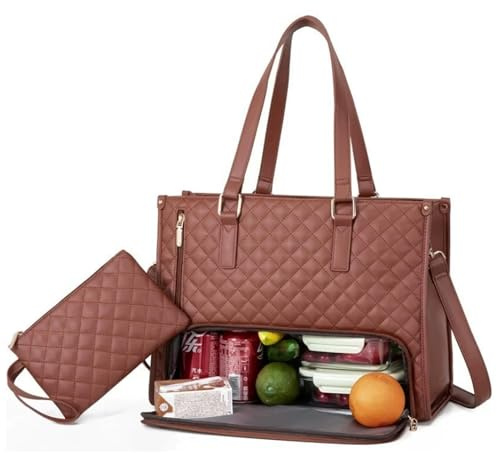 TIMIFUN Lunchtasche Damen, 2-in-1 Lunch Tasche und Handtasche mit Isoliertem Lunchfach, Multifunktionale Bürotasche, 15,6 Zoll Tote Bag Große, Stilvolle Reisetasche für Arbeit, Schule, Büro (Braun)