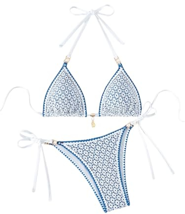 GORGLITTER Damen Bikini Set Triangel Bikinis Neckholder Swimsuit Zweiteiliger Badeanzug Hohe Taille Bikinislip Boho Schwimmanzug Strandmode Bademode Blau S