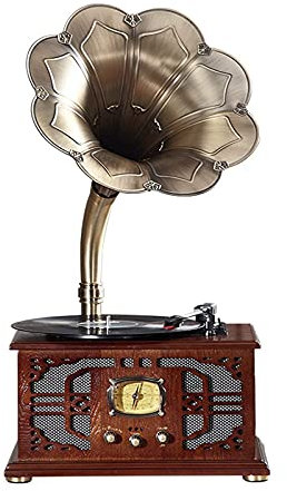 SGKOMN Gramophone en Bois, Style rétro, Tourne-Disque Vinyle Antique Big Horn, Compatible avec la Lecture de vinyles, de CD, Bluetooth sans Fil, Radio, Lecture de Disque U, Brown