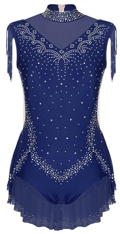 Yruioon Flicka gymnastikdräkt glitter gymnastikdräkt ärmlös balettdräkt konståkning body overall gymnastik leotard tävling danskostym, C marinblå, 158-164