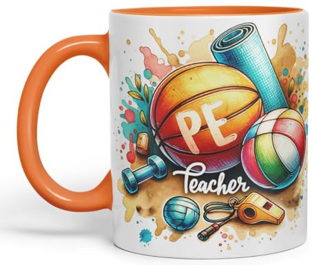 Vixar PE Teacher Mug Thank You, End of School Gift Ceramic Coloured Mug Cup for Tea Coffee Hot Brew 330ml 11Oz Gift (Orange)