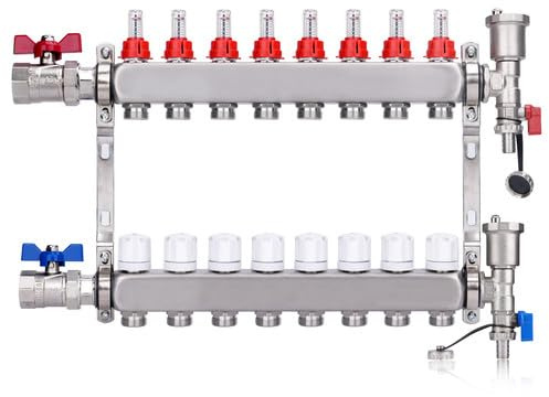 8 Fach Heizkreisverteiler Fußbodenheizung Verteiler mit 1 Kugelhähne | Anschlüsse für Eurokonus 3/4 | 30 x 1,5 mm, mit Manueller Entlüfter & Flussmesser Durchflussmesser Edelstahl HKV Verteiler