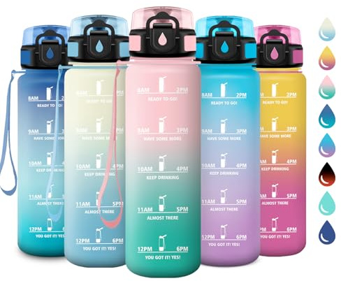 Borraccia 1L, Bottiglia Acqua A Prova di Perdite, Bottiglia Riutilizzabile, Borraccie con Filtro e Marcatori Temporali, senza BPA, Borraccia Motivazionale per Campeggio, Scuola, Ufficio, Yoga