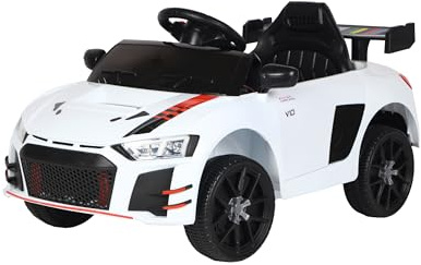 Baroni Toys Coche eléctrico para niños de 6 V con mando a distancia, música, luces LED y asiento de piel sintética, coche eléctrico 3-5 km/h, para niños de 1 a años, estilo deportivo blanco