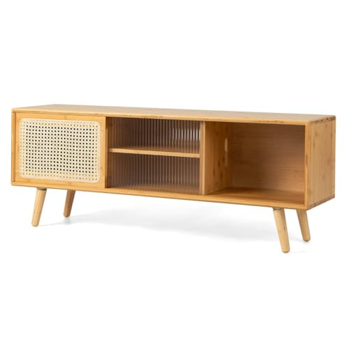 Helloshop26 Meuble TV en Bambou avec 4 Compartiments pour TV 55 au Max Banc TV à 4 Pieds en Bois Massif 2 Portes coulissantes en rotin et Verre trempé 120,5 x 31 x 45,5 cm 20_0004917