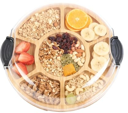 Easyhomie Tabla de queso con tapa con cierre, bandeja de bambú, caja de aperitivos para interior y exterior, fácil de transportar y mantener fresco (redondo)