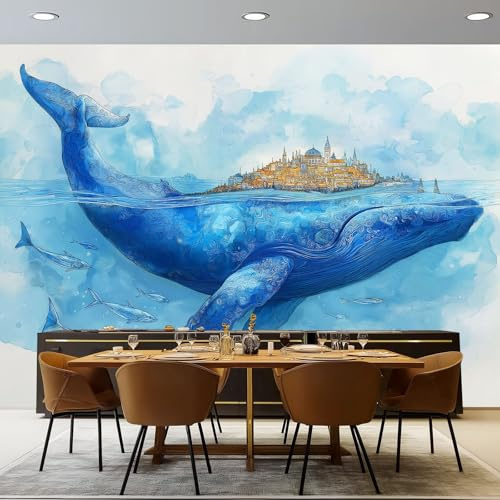 Carta da parati Fotografica Acquerello, Fantasia Balene Isole Motivo Panoramico Murale - 350 x 256 cm Effetto 3D Carta da parati decorazione interna per Soggiorno Camera Ristorante