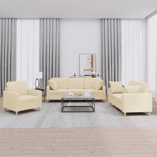 Holamys 3-TLG. Sofagarnitur Creme Stoff, Wohnzimmer Couch Set mit Kissen, Robustes Metall-Sperrholz-Gestell, bequemes Sofa für Zuhause, 1 Sessel, 1 Zweisitzer, 1 Dreisitzer