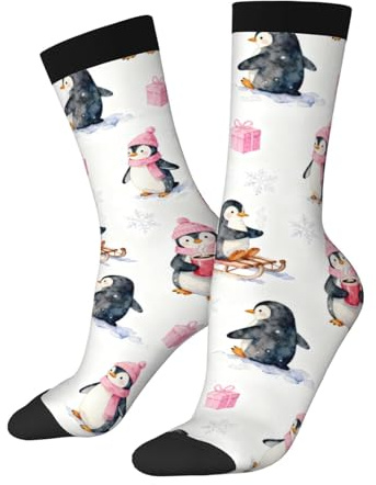 Raunew Novelty Socks For Men Women, Casual Dress Socks Funny Gifts, Winter Penguin Play Sled Snowflake Design