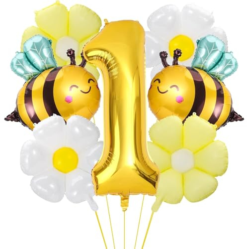 Mavouri Biene Geburtstagsdeko 1 Jahr Mädchen Junge mit Gänseblümchen Folienballon, Luftballon Deko 1. Geburtstag Mädchen Junge, Ballon 1 Geburtstag Mädchen Jungen, Helium Ballons 1. Gold