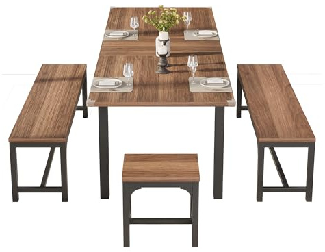 Thaookte Essgruppe Esstisch Ausziehbarer 120-160cm mit 2 Bänken und 2 kurze Holzbänke,Moderner Schlichter Dining Table,Küchentisch-Set mit Metallgestell Esszimmergruppe,Industrial Sitzgruppe Esszimmer