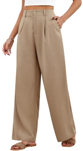 HEEKPEK Pantaloni Donna Estivi Larghi Pantaloni Leggeri Elastico Vita Alta Lunghi Gamba Larga Eleganti Pantalone Bottoni Solido Sciolto Freschi Comodi con Tasche (Kaki Scuro, L)