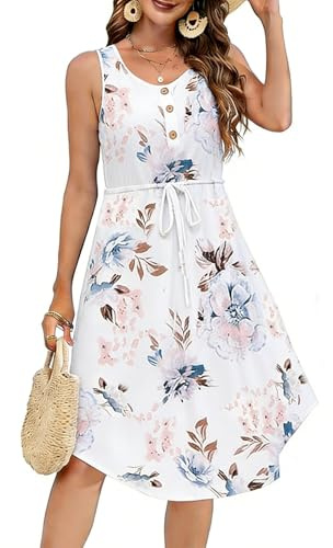 Vossmi Abito Estivo Donna Vestito Spiaggia Senza Maniche Vestito con Tasche Casual Abiti Eleganti Vita Alta Floreali Girocollo Abito con Coulisse Autunno Bianco Floreale,L
