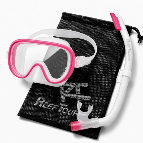 REEF TOURER Kinder Schnorchelset Weiß/Rosa, Taucherbrille mit Schnorchel für Kinder bis 10 Jahre, kindgerechte Passform, gehärtetes Glas, hypoallergenes Silikon, leicht verstellbar, 3 Jahre Garantie